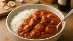 残り物のトマト煮がごちそうに変わる：とんかつソースで作るトマトチキンカレー